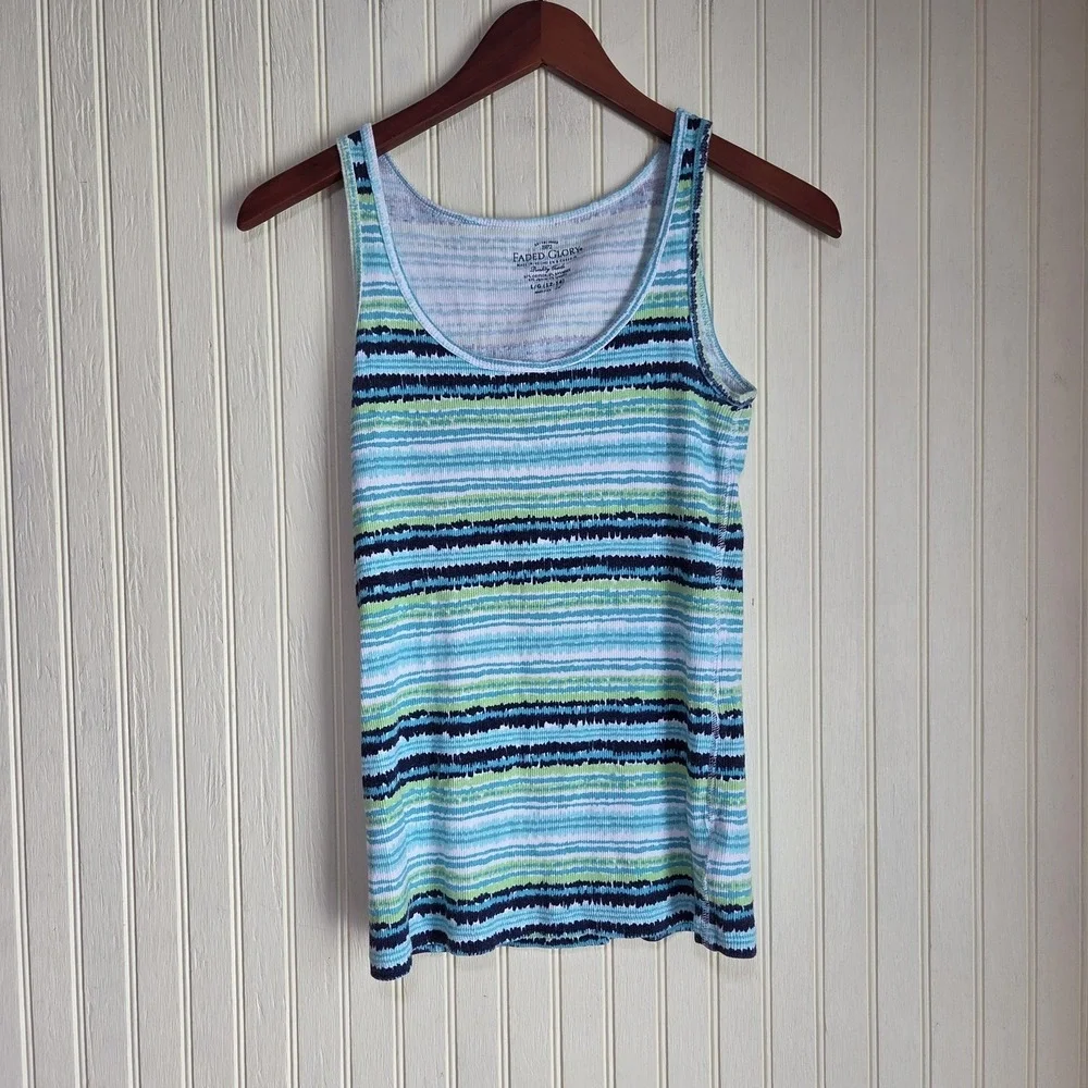 Faded Glory Tank Top‎ Girls Large 12-14 Blue Stripe Scoop Neck Sleeveless Shirt